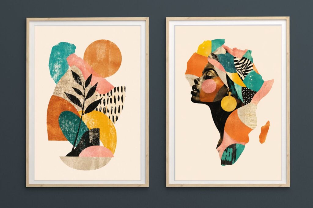 Afrocentric Wall Art Set (2), Botanical Prints, Black Woman Africa Map Poster, Colorful Boho Decor