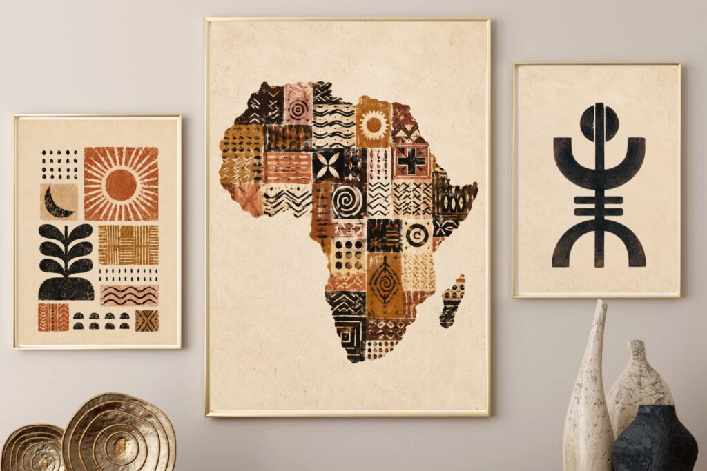 Afrocentric Wall Art Set (3), Africa Map Print, African Boho Decor, Terracotta Textile PAlette, Printable Posters