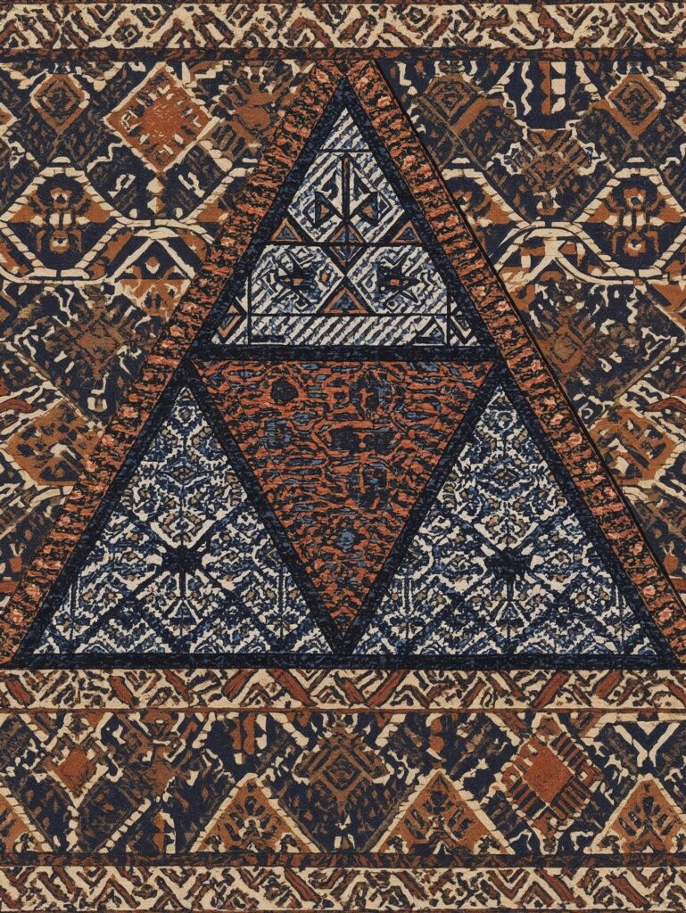 Geometric patterns with African textile influence.