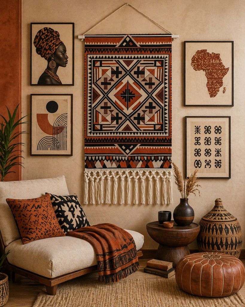 Afro-bohemian living room with earthy neutral palette and layered textiles