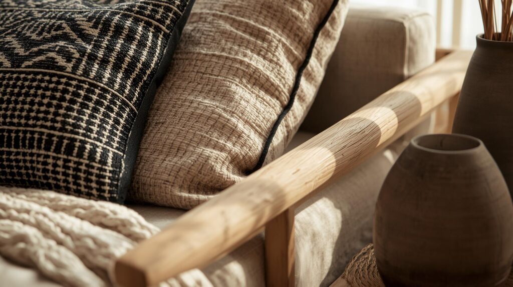 close-up of textured layered textiles  mudcloth pillow, linen throw