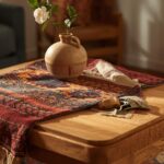 How to mix global motifs at home — Moroccan rug, African mudcloth, and Japanese ceramic on a warm wood table