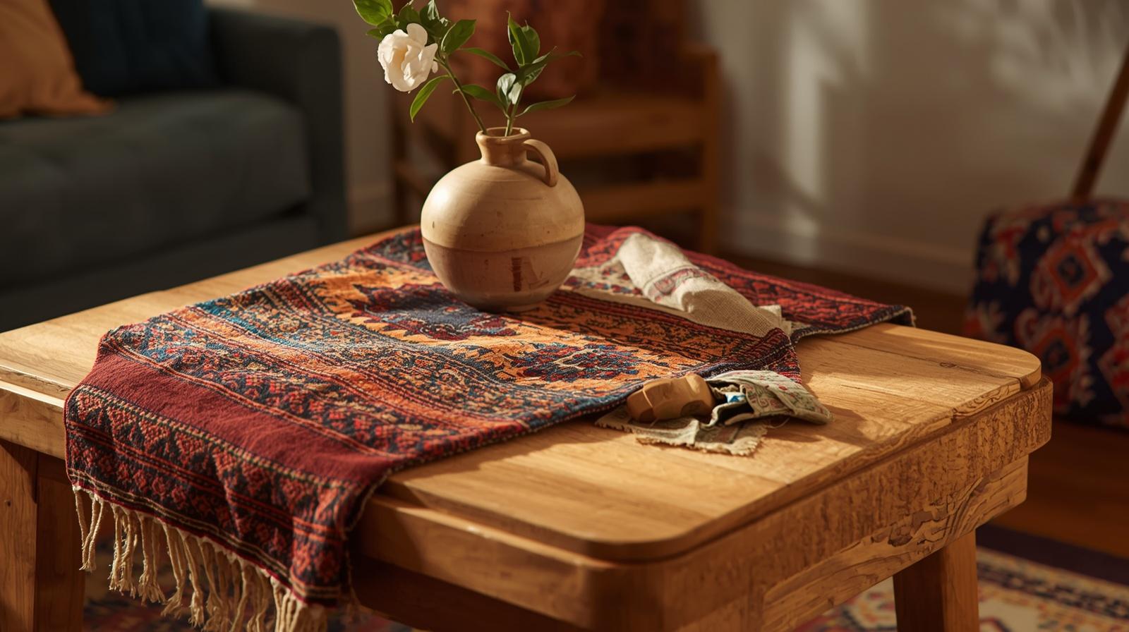 How to mix global motifs at home — Moroccan rug, African mudcloth, and Japanese ceramic on a warm wood table