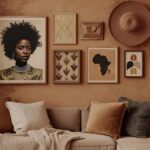 Warm, earthy tones with African American artistic decor