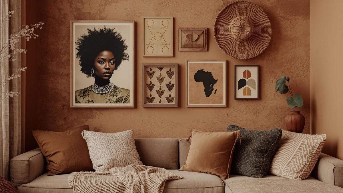 Warm, earthy tones with African American artistic decor