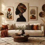 : Afrocentric wall art ideas for a modern living room — Black female silhouette canvas above a cream sofa with woven baskets