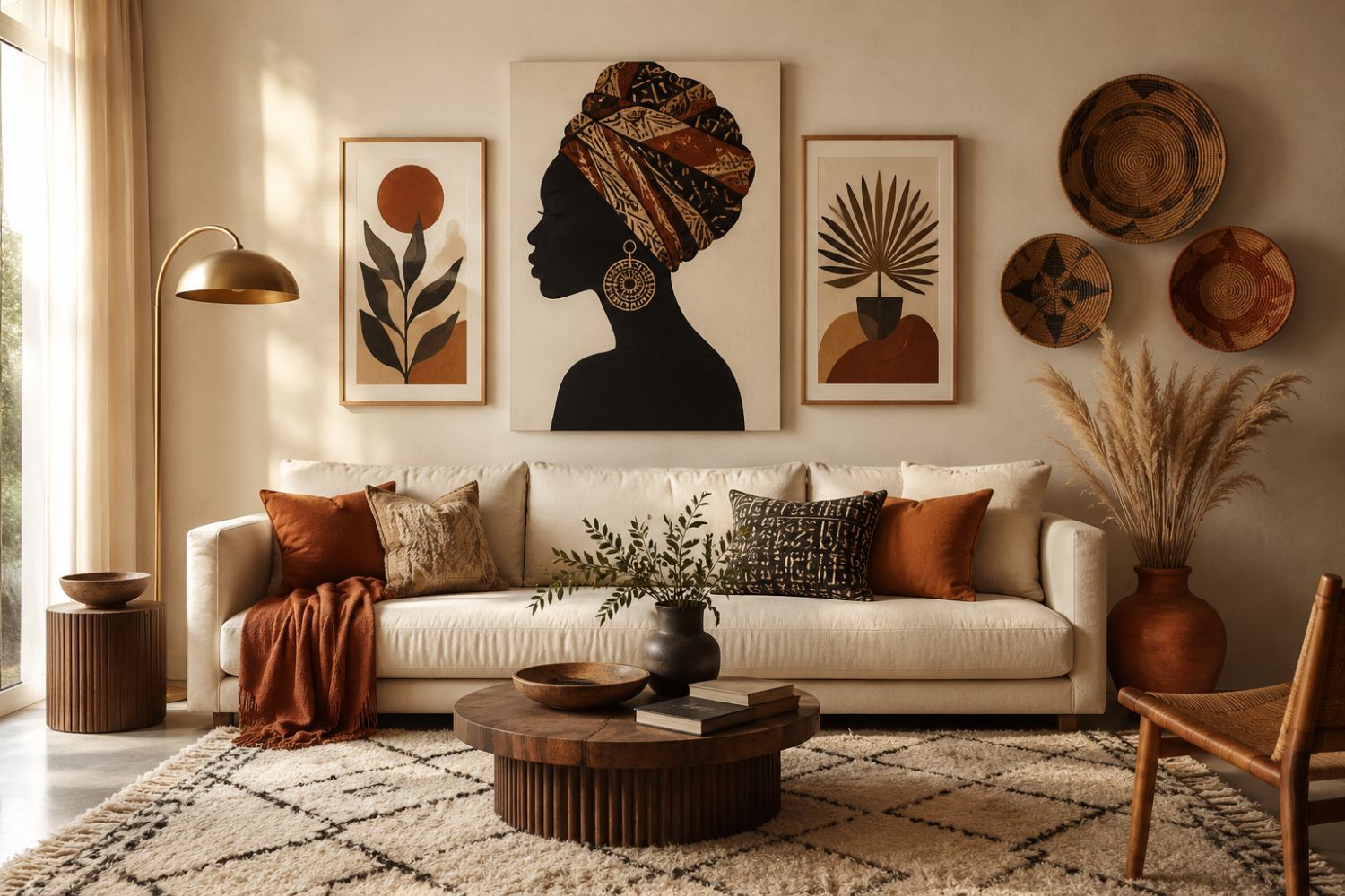 : Afrocentric wall art ideas for a modern living room — Black female silhouette canvas above a cream sofa with woven baskets