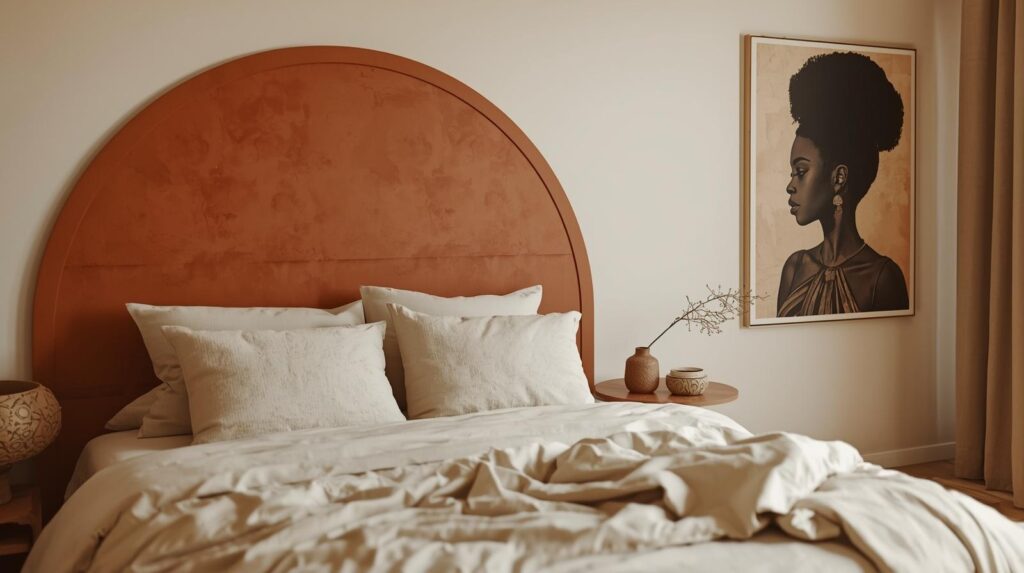 afro-boho bedroom with painted terracotta arch headboard, cream bedding, and afrocentric wall art