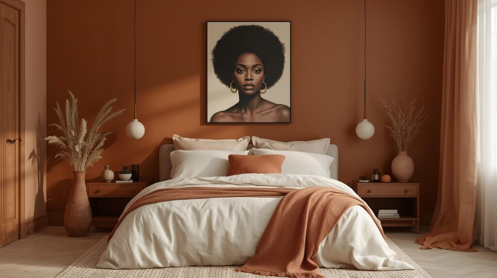warm afrocentric bedroom with cream linen bedding, mocha mousse feature wall, black woman portrait above bed, terracotta accents, 2026 sanctuary styling