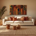 Boho living room with warm tones.