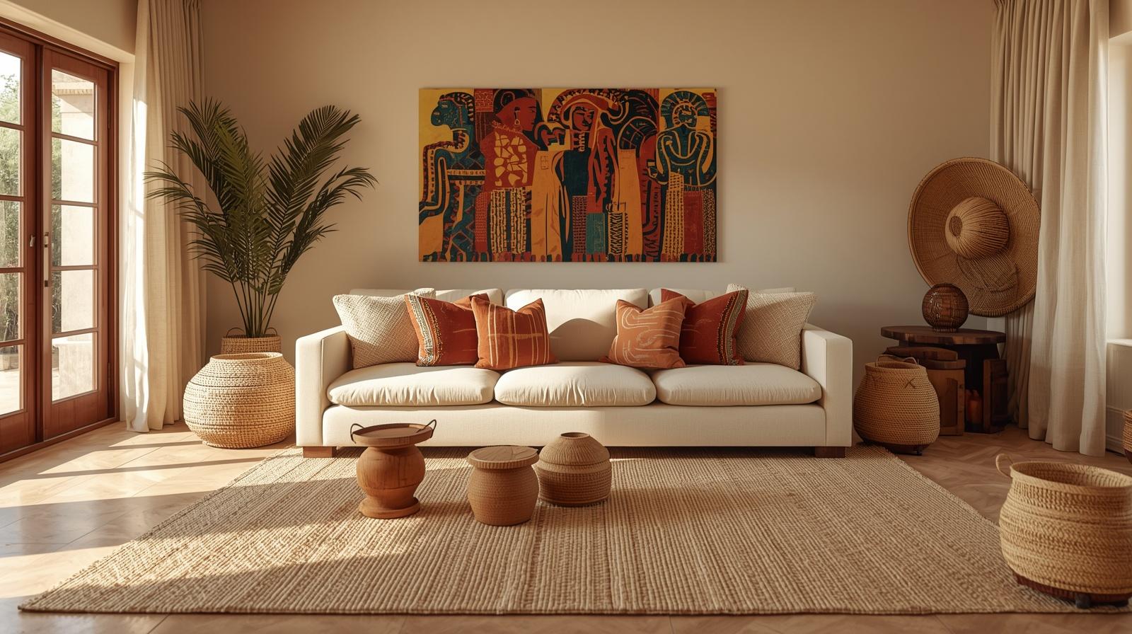 Boho living room with warm tones.