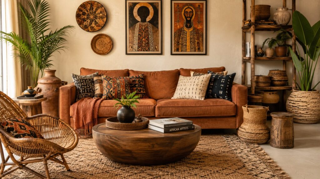 Afro-Bohemian living room with African textiles, Ethiopian wall art, rattan chair and natural fibre textures, 2026 decor trend