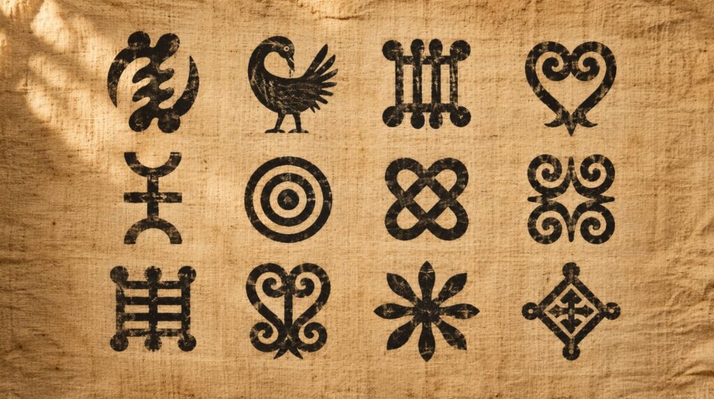 Twelve Adinkra symbols stamped on natural cotton — black ink on warm cream, the traditional pattern of Akan ceremonial cloth from Ghana
