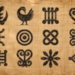Twelve Adinkra symbols stamped on natural cotton — black ink on warm cream, the traditional pattern of Akan ceremonial cloth from Ghana