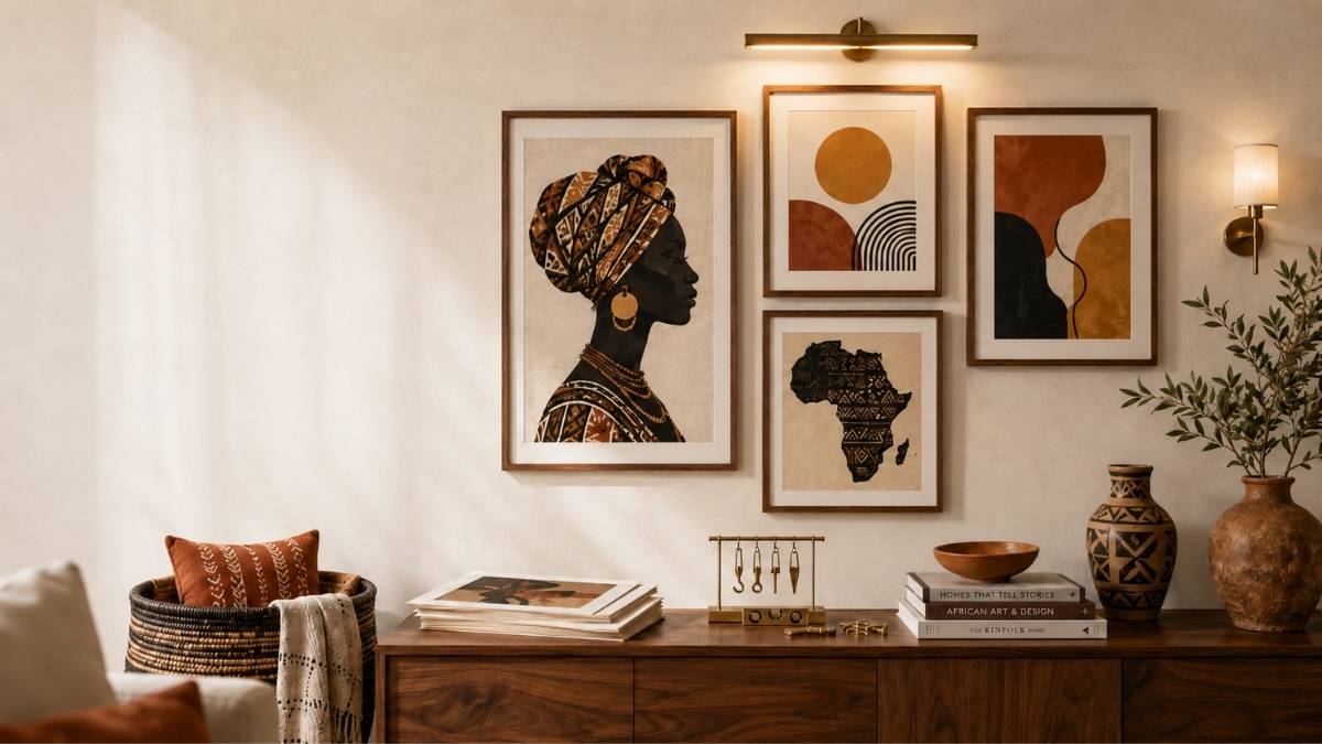 How to set up a gallery wall – Afrocentric art prints in terracotta and indigo frames above a rattan console table