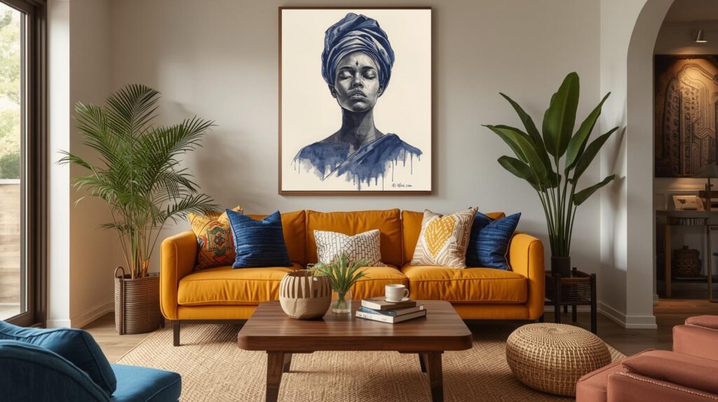 Renter-friendly living room with indigo pillows, woven wall accents, clay vase, and warm layered lighting inspired by Senegal