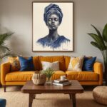 Renter-friendly living room with indigo pillows, woven wall accents, clay vase, and warm layered lighting inspired by Senegal