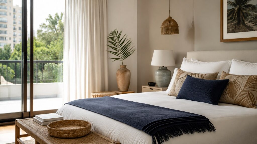 Casamance-inspired bedroom, white bedding, folded indigo textile at foot of bed, raffia accents, ceramic lamp, green branch in clay vase, calm tropical softness without cliché