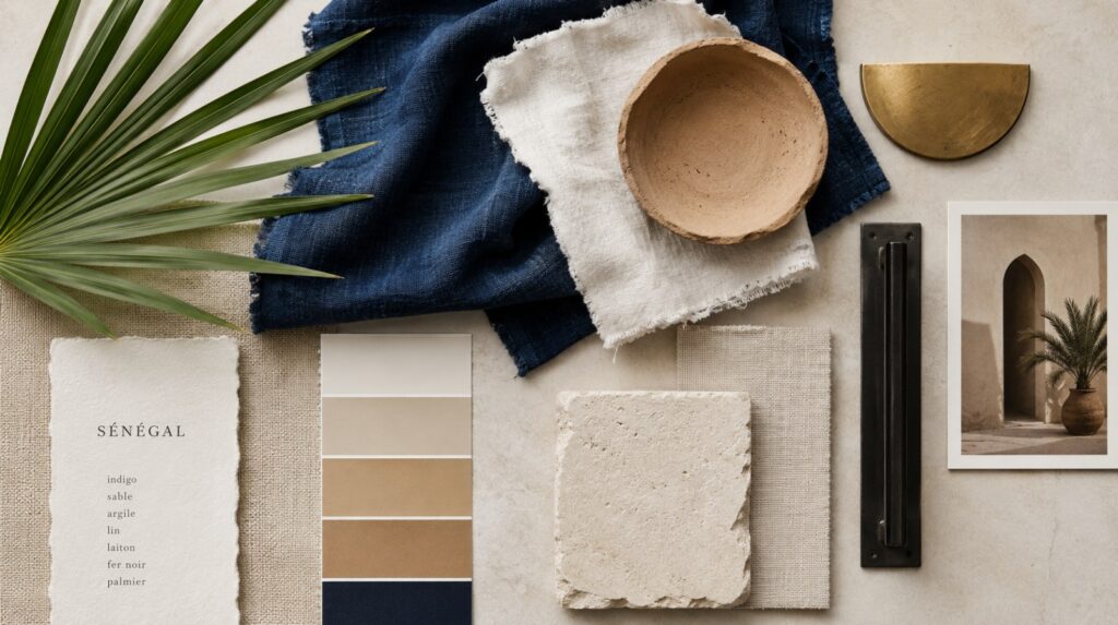 Senegal-inspired interior color palette with indigo, sand, white, clay, green, and muted gold