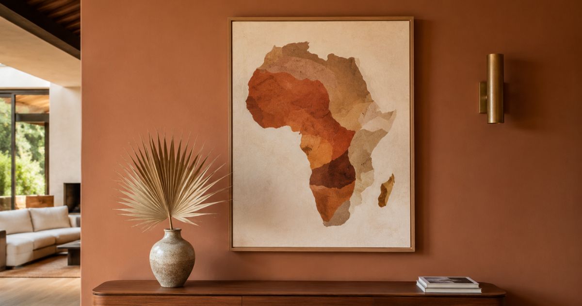 A single large framed africa map wall art print in warm terracotta and cream tones above a walnut console