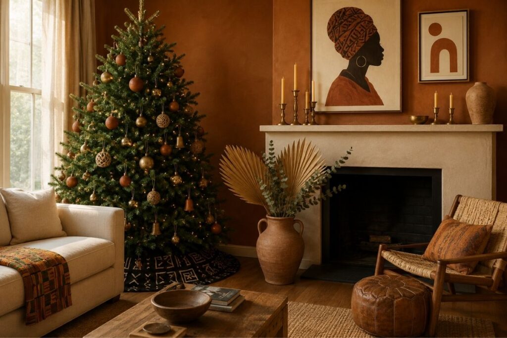 Afrocentric holiday decor living room with terracotta and brass ornaments, mudcloth tree skirt, and warm earth-tone Christmas styling
