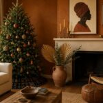 Afrocentric holiday decor living room with terracotta and brass ornaments, mudcloth tree skirt, and warm earth-tone Christmas styling