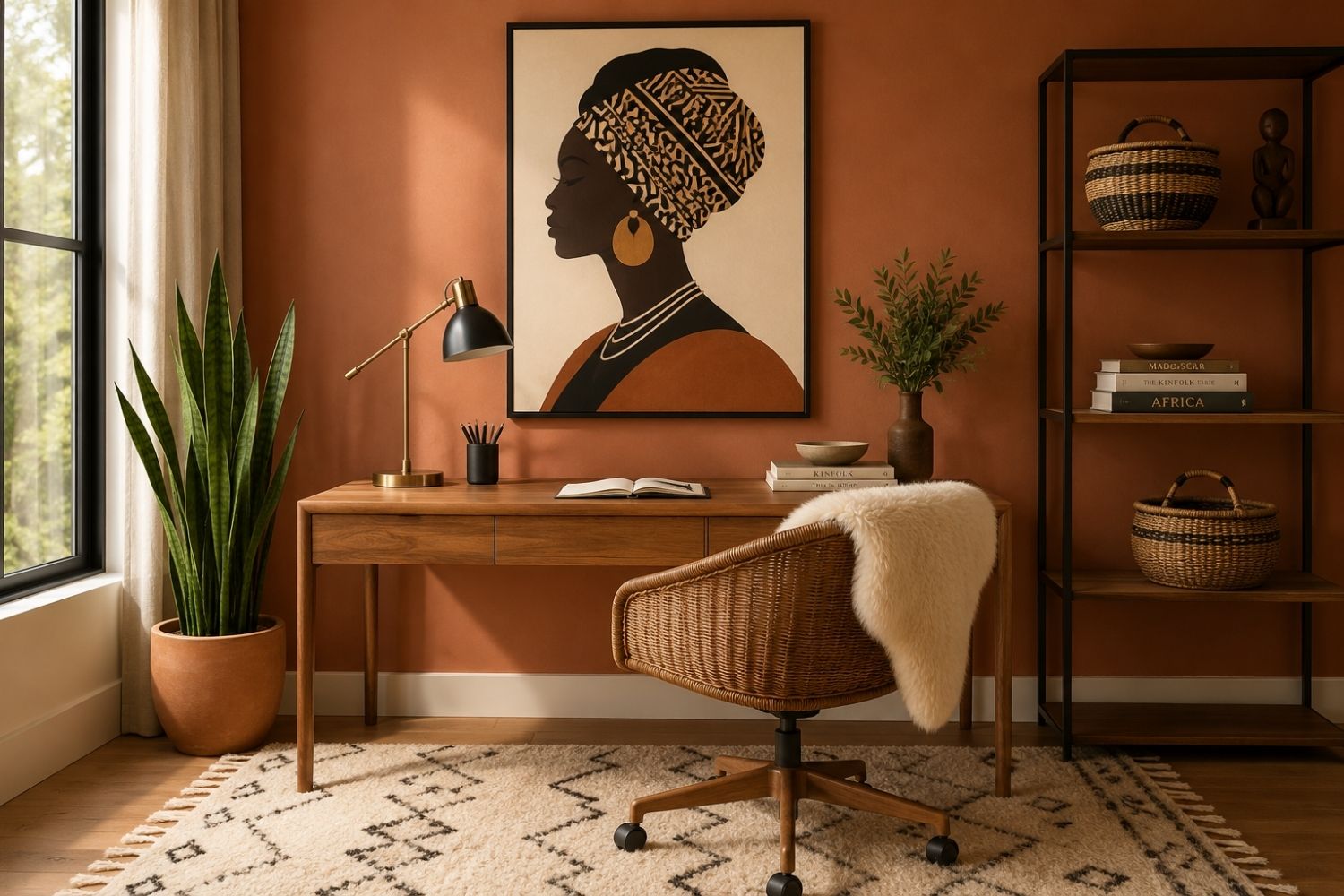 Afrocentric home office ideas — terracotta wall, Black female portrait above acacia desk, tribal rug, brass lamp