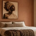 Quiet luxury bedroom with afrocentric wall art for bedrooms — a single dignified portrait above an oat linen bed in warm earth tones