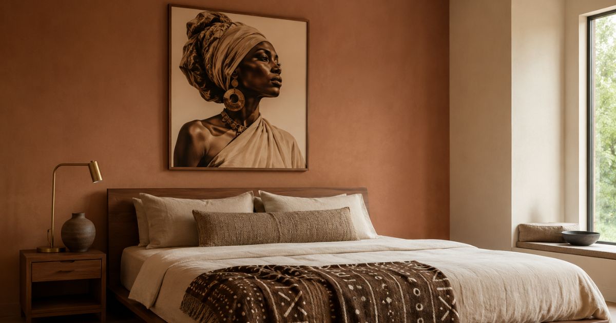 Quiet luxury bedroom with afrocentric wall art for bedrooms — a single dignified portrait above an oat linen bed in warm earth tones