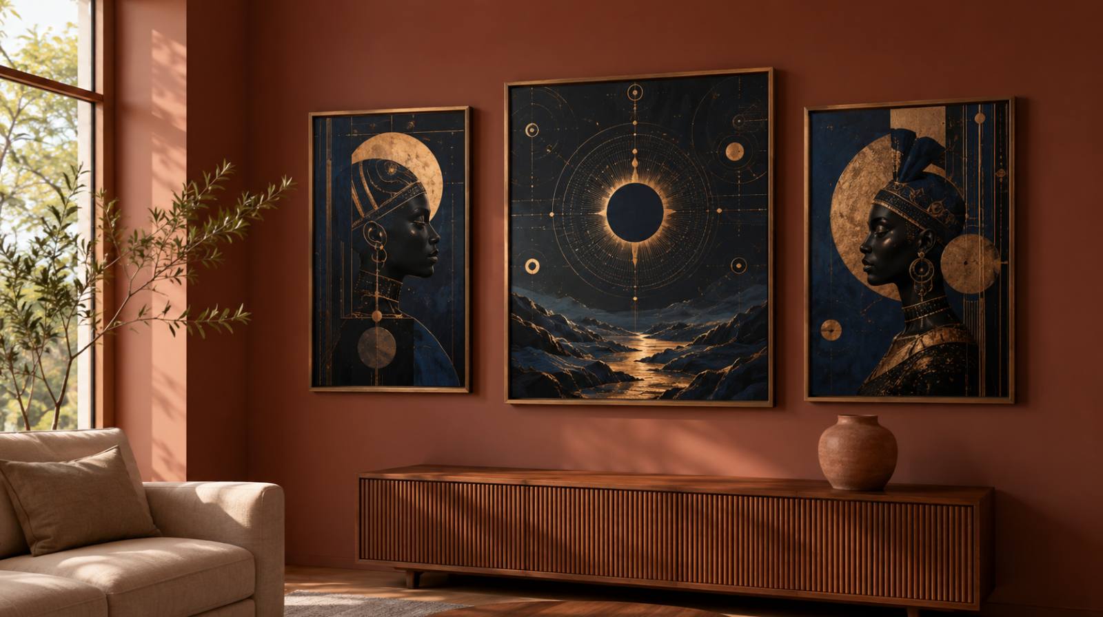 A modern living room corner with a three-piece Afrofuturist gallery wall in bronze frames against a deep clay-toned wall, soft daylight, a low sideboard, and a single terracotta vase