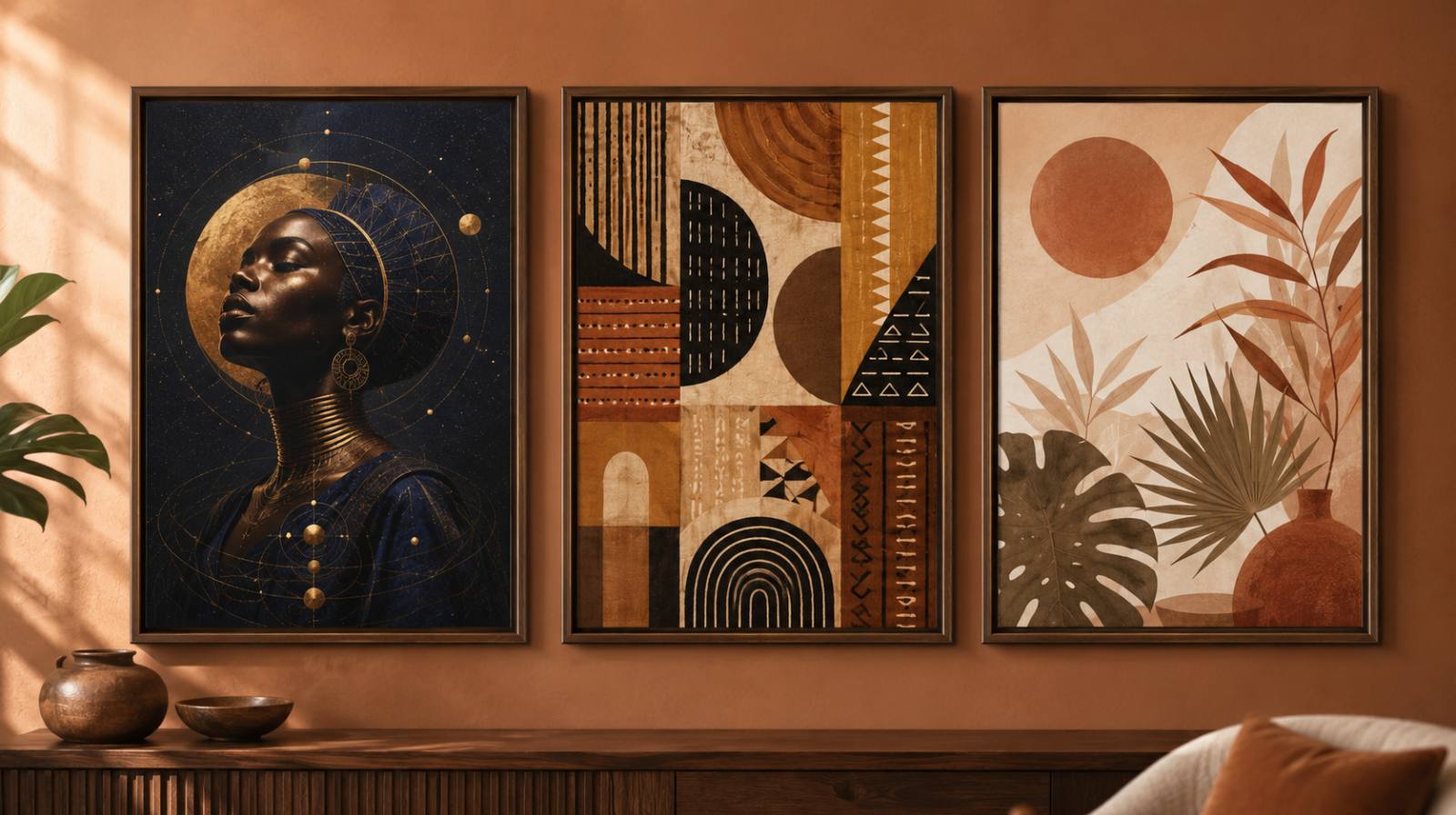 Three wall art pieces side by side on a clay-toned wall — a cosmic Afrofuturist portrait in bronze, an Afrocentric textile-pattern abstract in earth tones, and a soft Afro-bohemian botanical in cream and terracotta, afrofuturism vs afrocentric