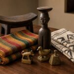 Ghanaian symbols and their meanings — kente strip cloth, stamped adinkra cotton, brass gold weights, an Akuaba figure and a carved stool