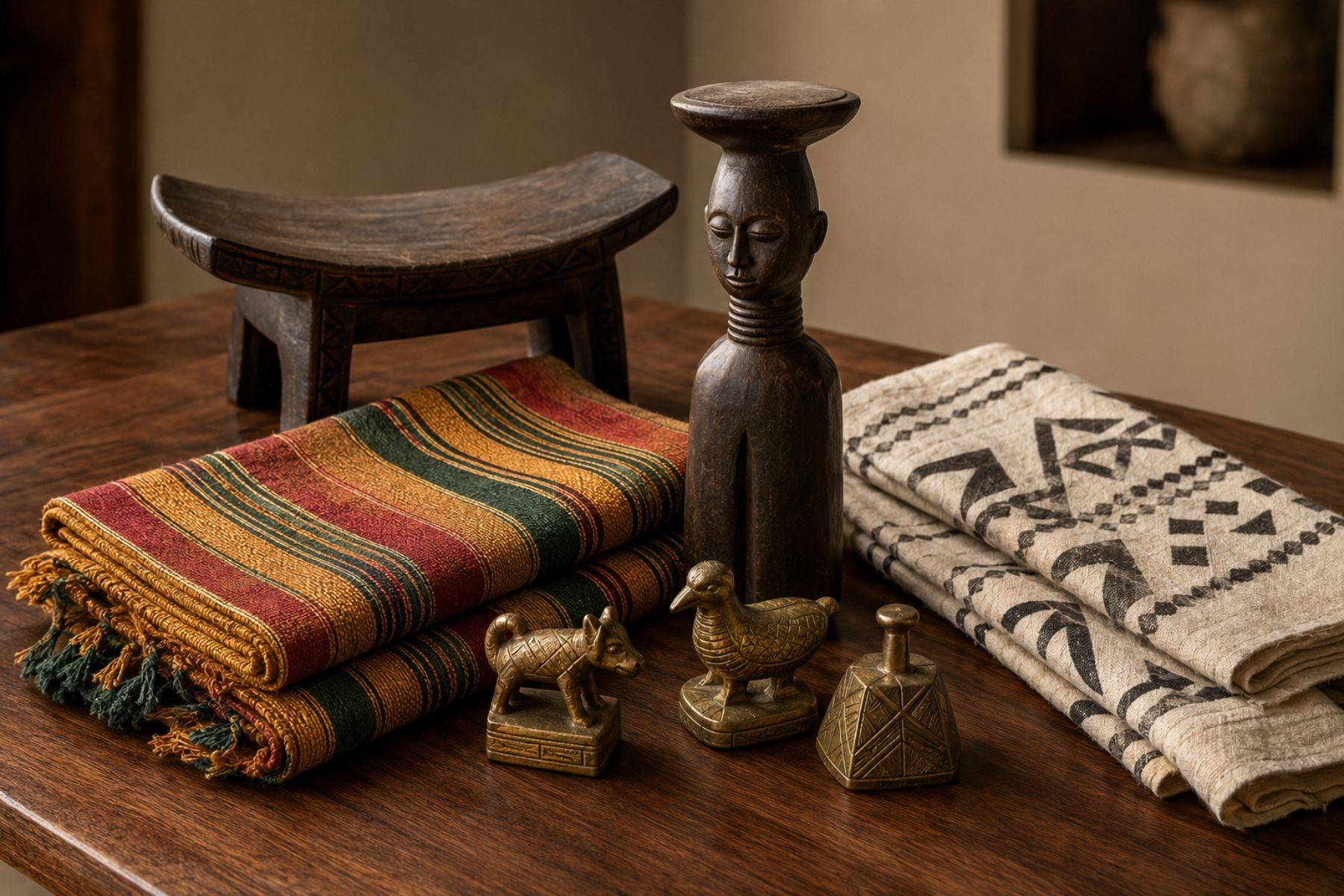 Ghanaian symbols and their meanings — kente strip cloth, stamped adinkra cotton, brass gold weights, an Akuaba figure and a carved stool