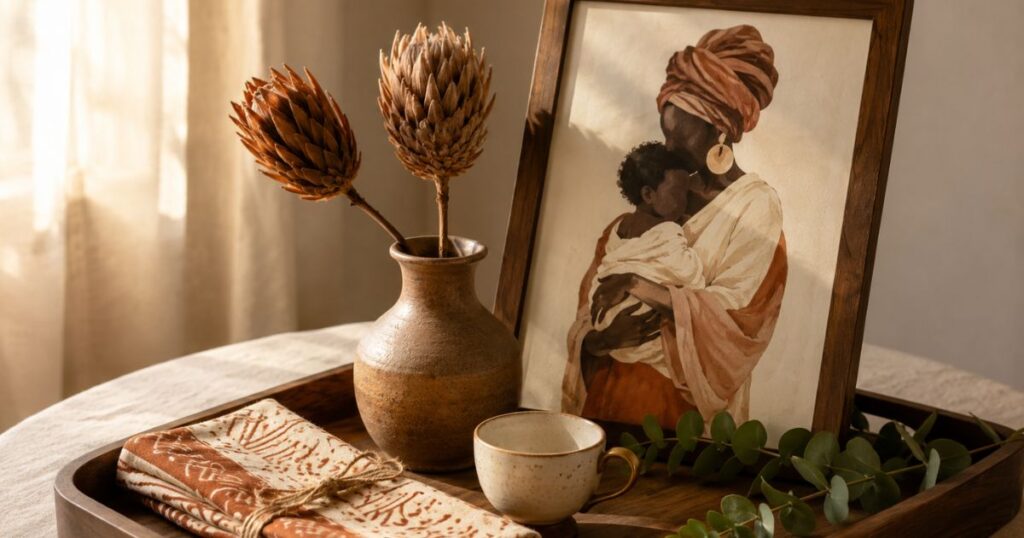 A mother's day decor gift guide flat-lay with framed afrocentric portrait, clay vase, dried protea, mudcloth napkin, and brass tea cup