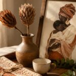 A mother's day decor gift guide flat-lay with framed afrocentric portrait, clay vase, dried protea, mudcloth napkin, and brass tea cup