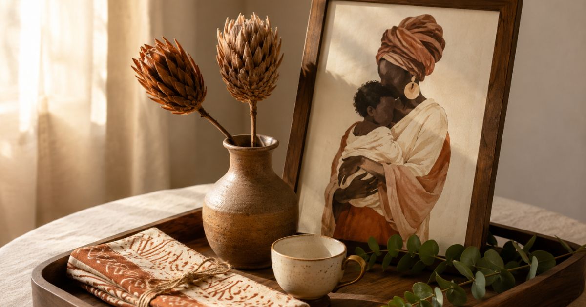 A mother's day decor gift guide flat-lay with framed afrocentric portrait, clay vase, dried protea, mudcloth napkin, and brass tea cup