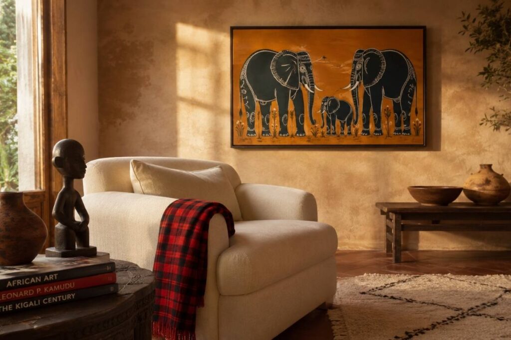 Tanzanian symbols inspiration Tingatinga-style painting of an elephant family