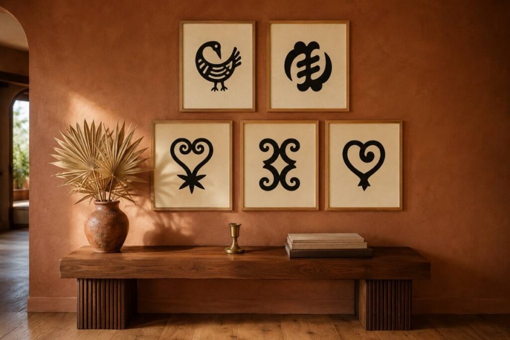 Adinkra 5-piece gallery wall — five framed Adinkra symbol prints above walnut console in warm earth tones