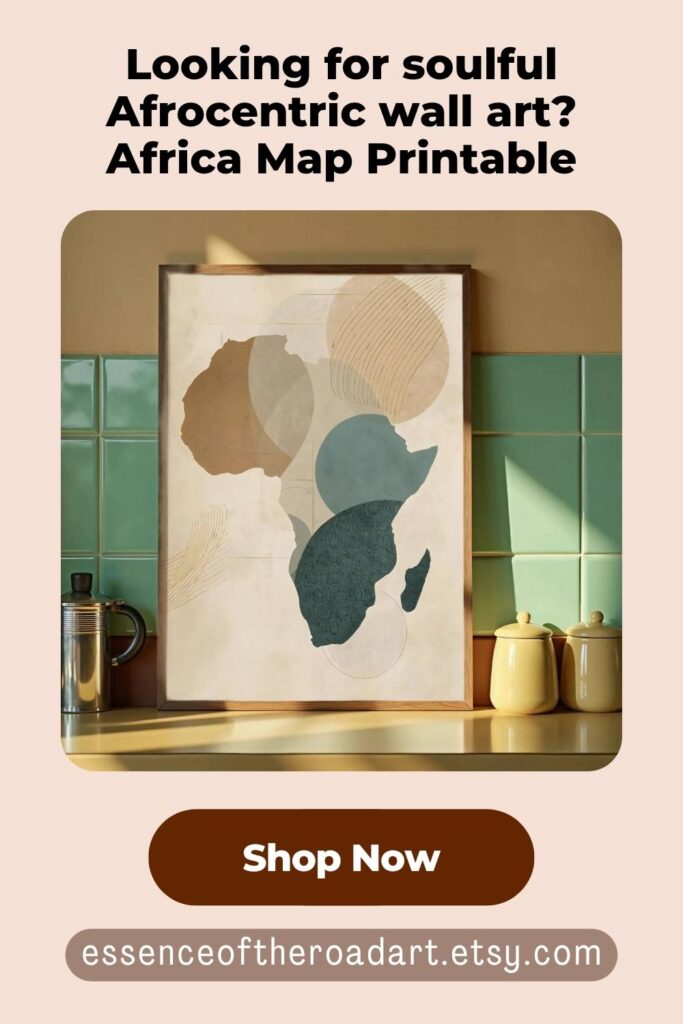 Africa map abstract print displayed on a wall, neutral Afrocentric wall art idea for mushroom lamp