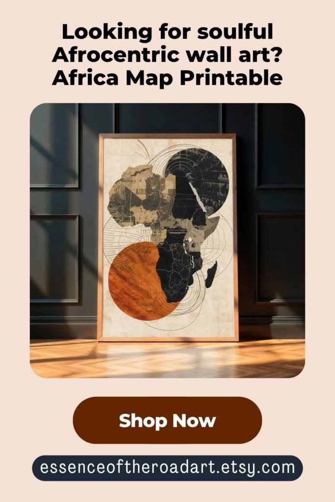 Africa map abstract print displayed on a wall, neutral Afrocentric wall art idea for dark moody room