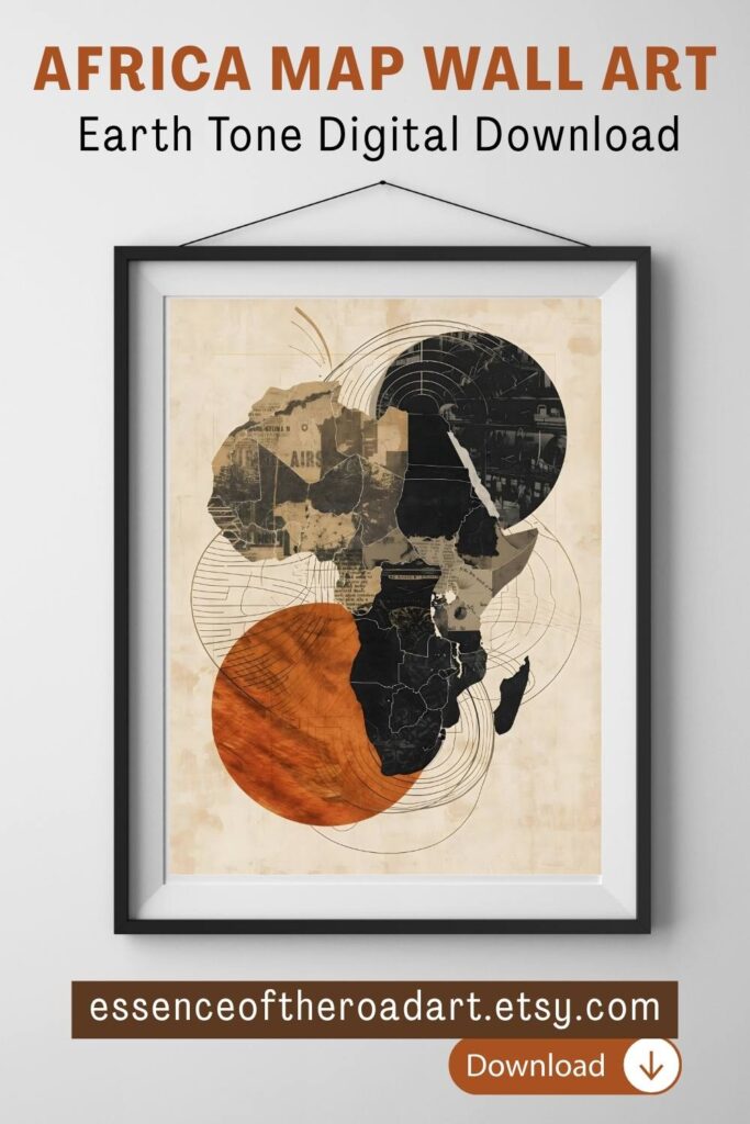 Africa map wall art print by Essence of the Road Art, modern Afrocentric digital download in rust, terracotta, black, cream