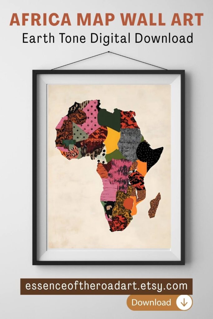 Africa map wall art print by Essence of the Road Art, modern Afrocentric digital download in pink, magenta, ochre, sage