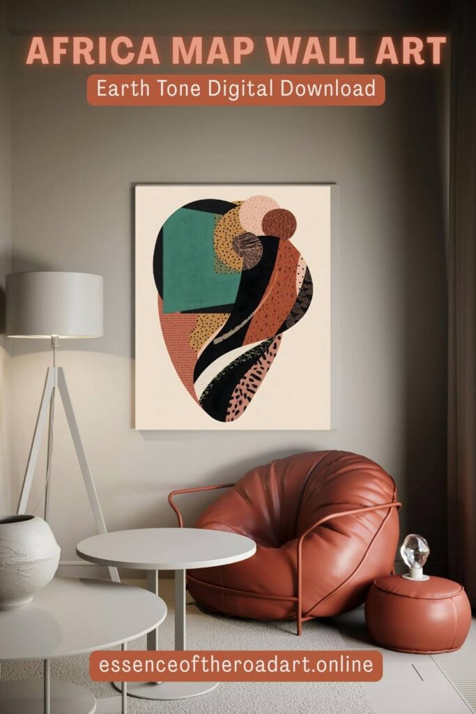 Abstract Africa map wall art print in a moody interior with terracotta leather chair, dramatic Afrocentric decor in teal, orange, mustard, black