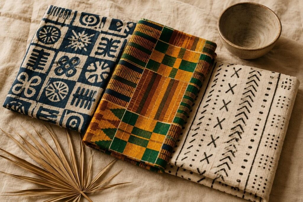African motifs explained — adinkra, kente, and mudcloth textiles laid side-by-side showing their distinct patterns and meanings