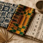 African motifs explained — adinkra, kente, and mudcloth textiles laid side-by-side showing their distinct patterns and meanings