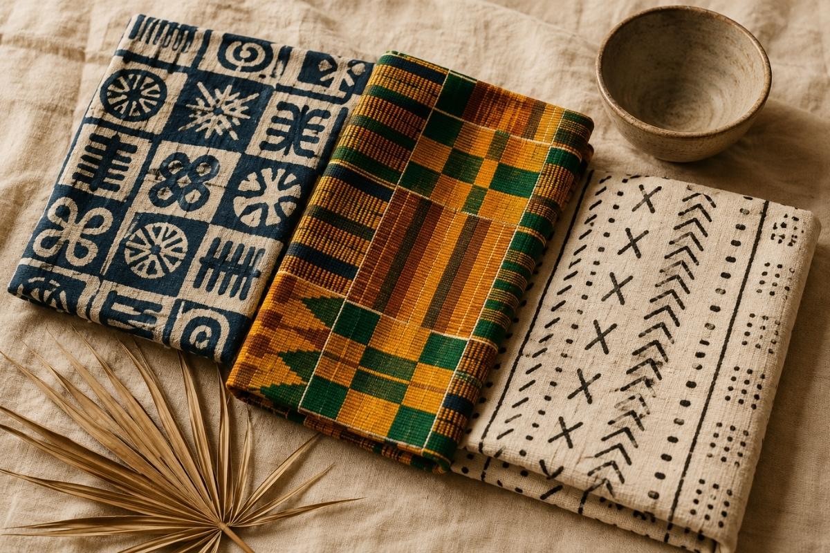 African motifs explained — adinkra, kente, and mudcloth textiles laid side-by-side showing their distinct patterns and meanings