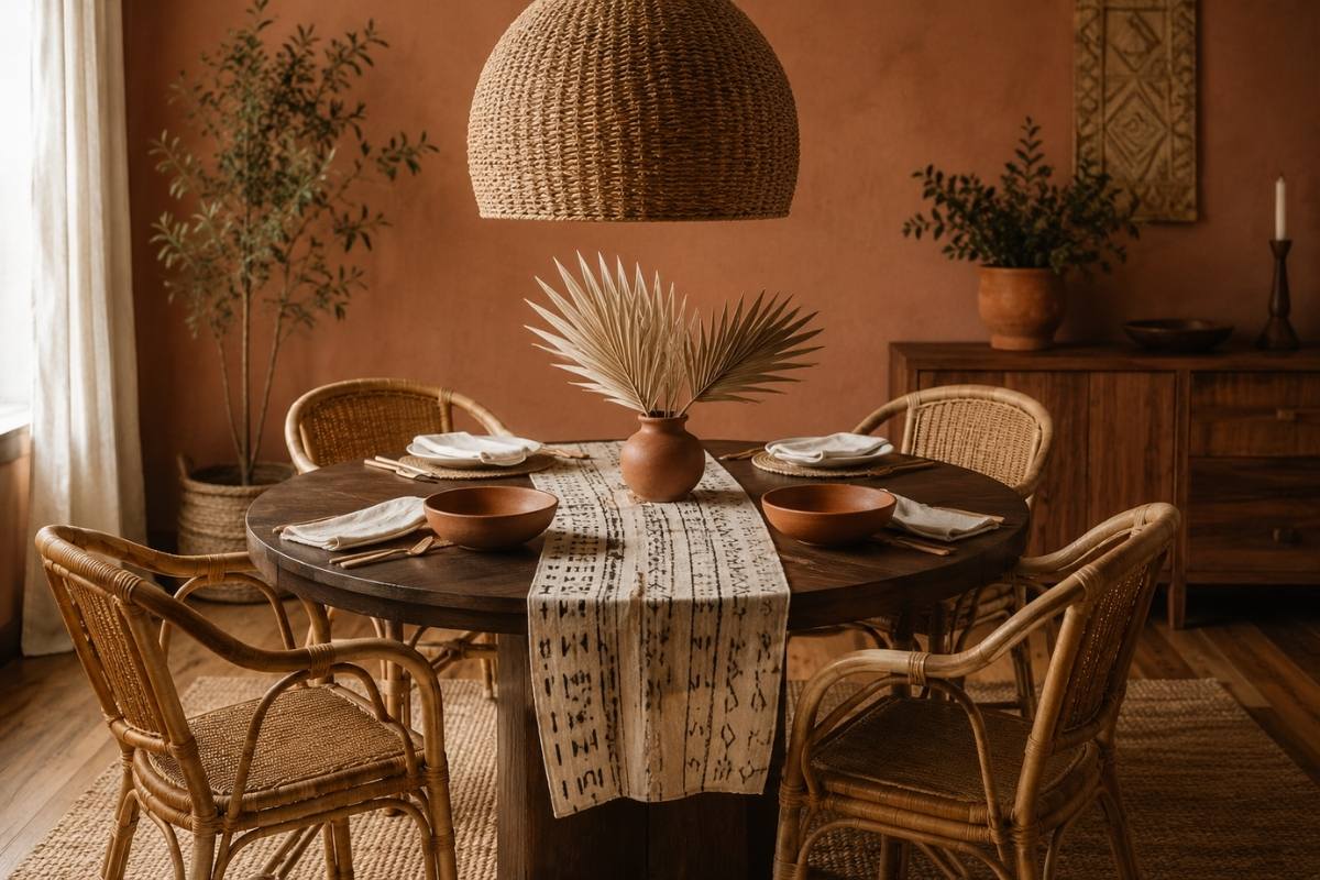 Afro-boho dining room with walnut table, rattan chairs, mudcloth runner, woven pendant light, terracotta vases