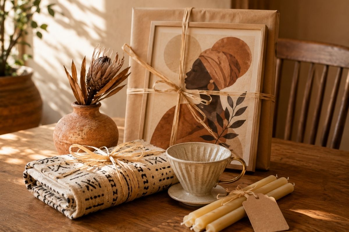 A curated housewarming gift arrangement of afrocentric housewarming gifts — framed portrait, clay vessel, mudcloth throw, brass pour-over