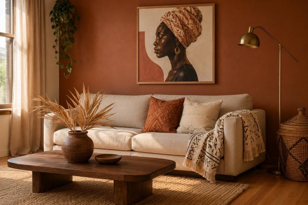 A beginner's guide to afrocentric decor living room — mudcloth throw, framed portrait, hand-thrown ceramic, and warm earth-tone palette
