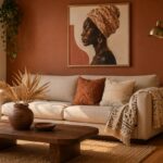 A beginner's guide to afrocentric decor living room — mudcloth throw, framed portrait, hand-thrown ceramic, and warm earth-tone palette